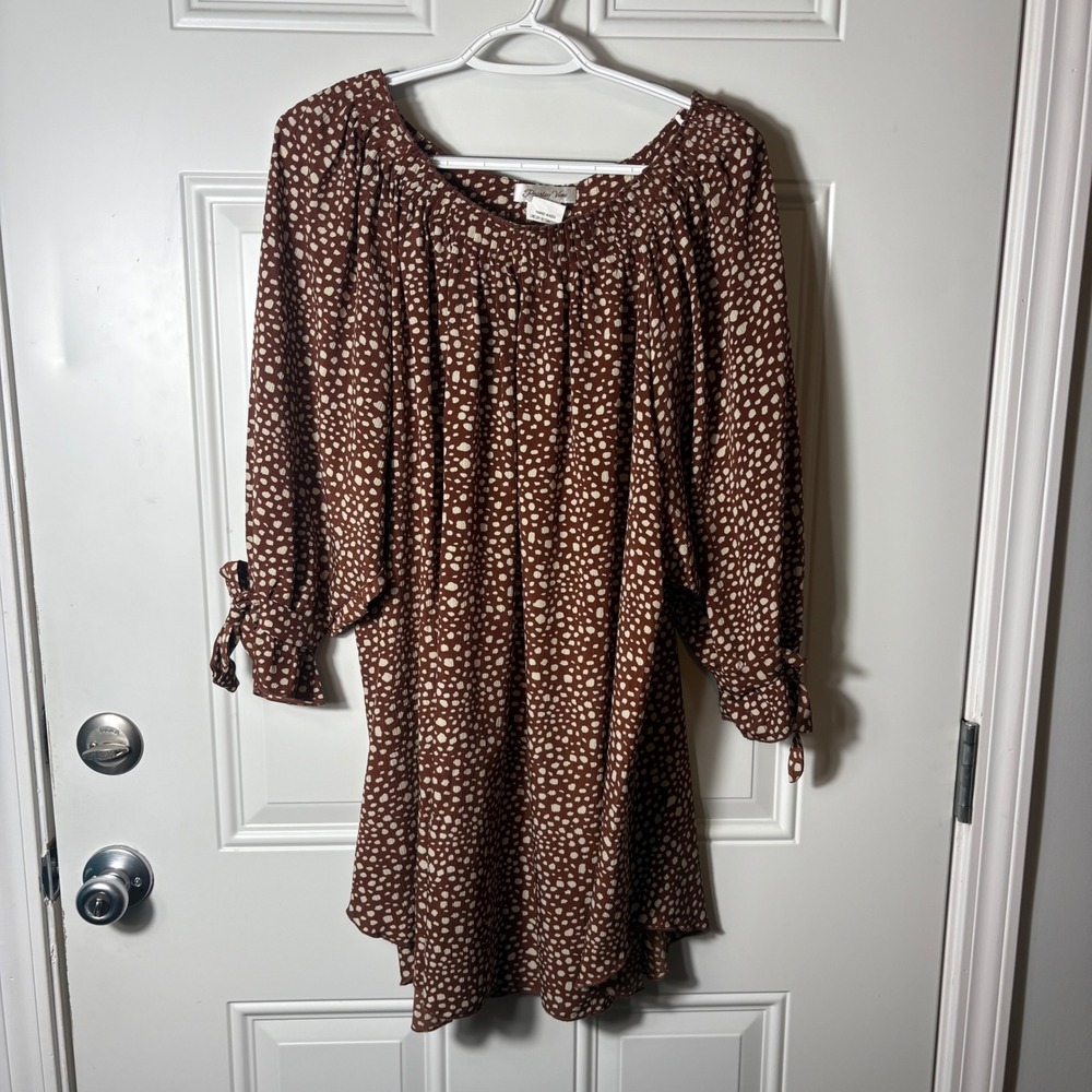 Paisley Vine Brown Abstract Dot Tie Sleeve Tunic Top 1XL CK212B